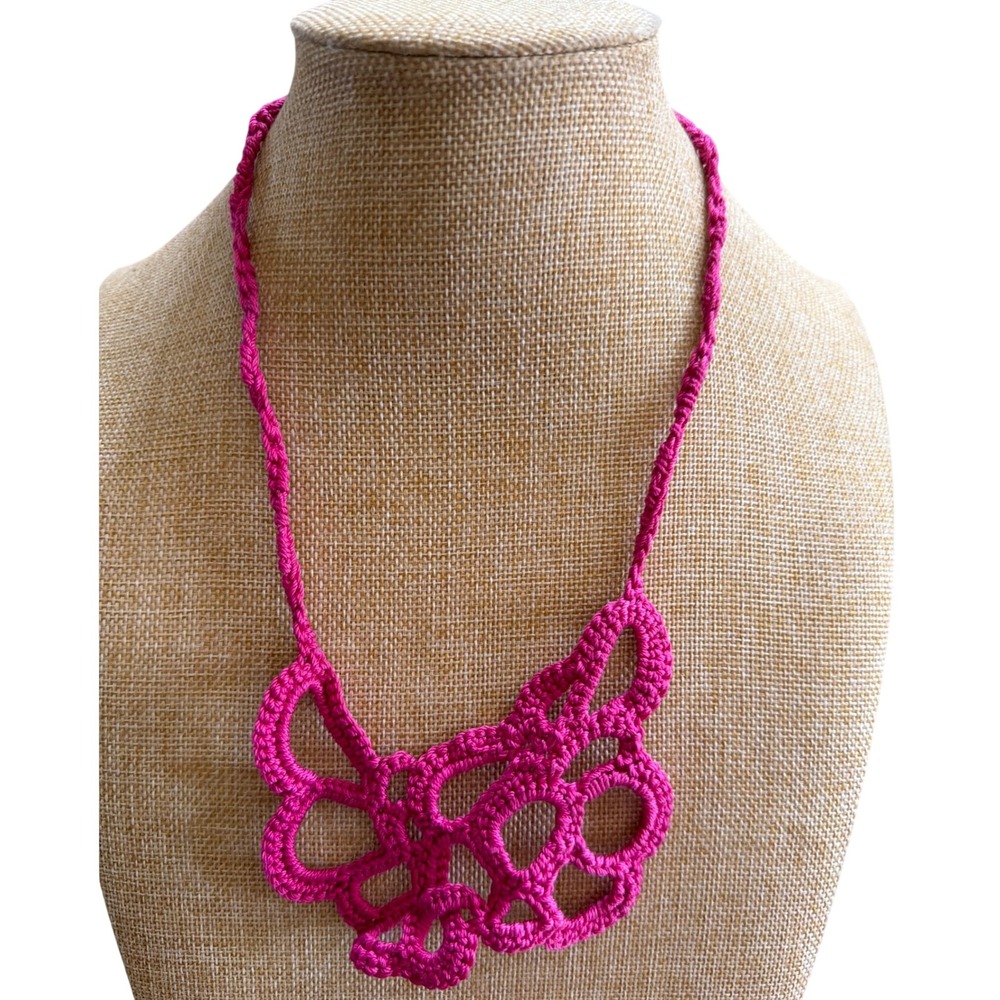 Handmade Crochet Bib Statement Necklace Magenta Pink Lace Boho Textile Jewelry